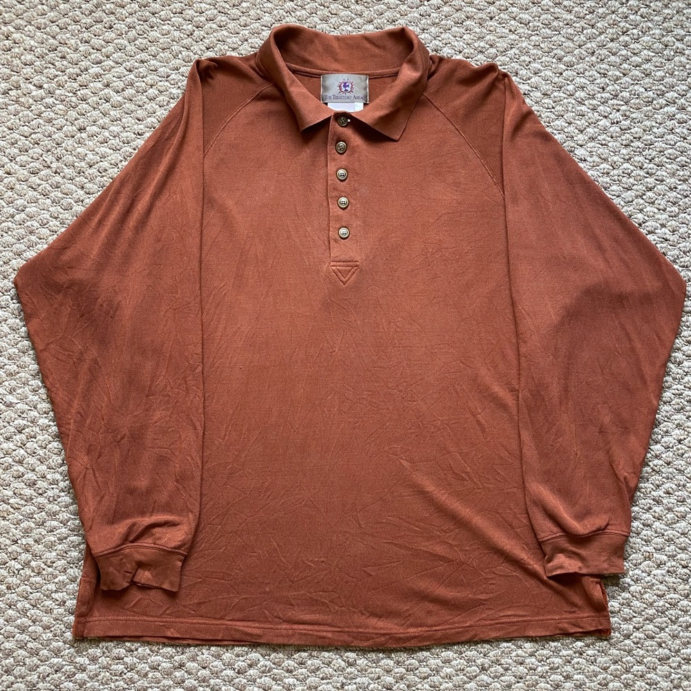 The Territory Ahead Men’s 100% Silk Polo Brown Orange Long Sleeve Shirt Size XL
